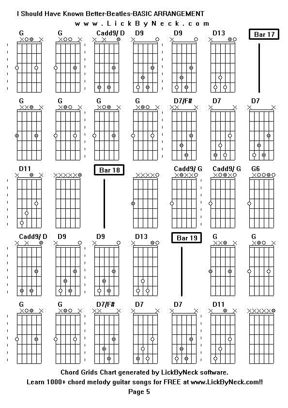 Chord Grids Chart of chord melody fingerstyle guitar song-I Should Have Known Better-Beatles-BASIC ARRANGEMENT,generated by LickByNeck software.